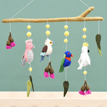 Load image into Gallery viewer, Tara Treasures - BABY NURSERY MOBILE HANGING - AUSTRALIAN BIRDS - COCKATOO, LORIKEET, GALAH AND KOOKABURRA