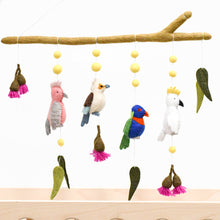 Load image into Gallery viewer, Tara Treasures - BABY NURSERY MOBILE HANGING - AUSTRALIAN BIRDS - COCKATOO, LORIKEET, GALAH AND KOOKABURRA