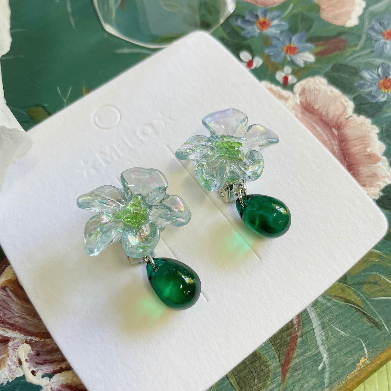 Luninana Clip-on Earrings - Crystal Jade Flower Earrings LL006