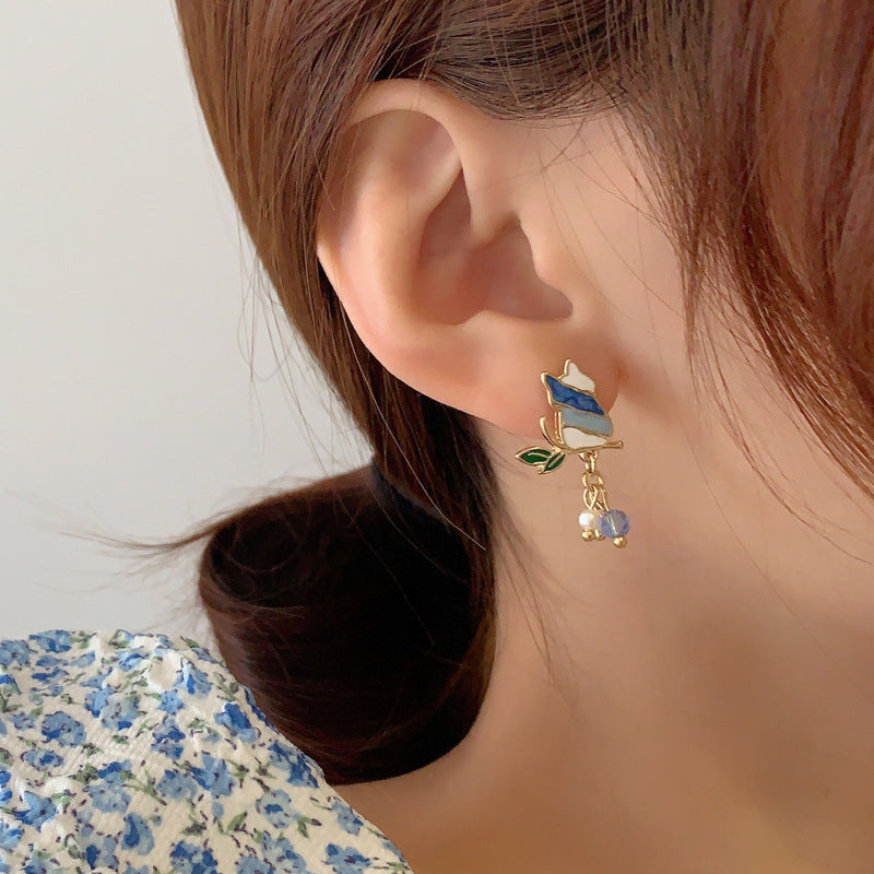 Luninana Earrings - Blue Cat with Tassel Pearls Earrings YBY085