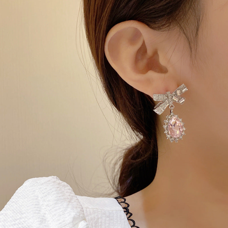 Luninana Earrings - Pink Crystal with Ribbon Earrings YBY043