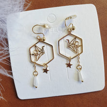 Load image into Gallery viewer, Luninana Clip-on Earrings -  Hexagon Golden Origami Crane Earrings LL026