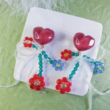 Load image into Gallery viewer, Luninana Clip-on Earrings - Wine Heart with Tassel Floral Earrings LL028