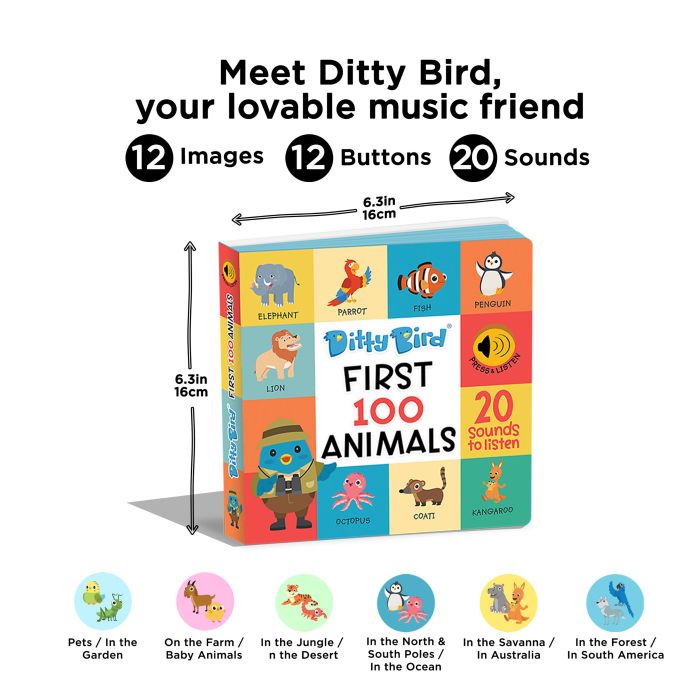 Ditty Bird First 100 Animals Multi-Coloured 16x2x16cm