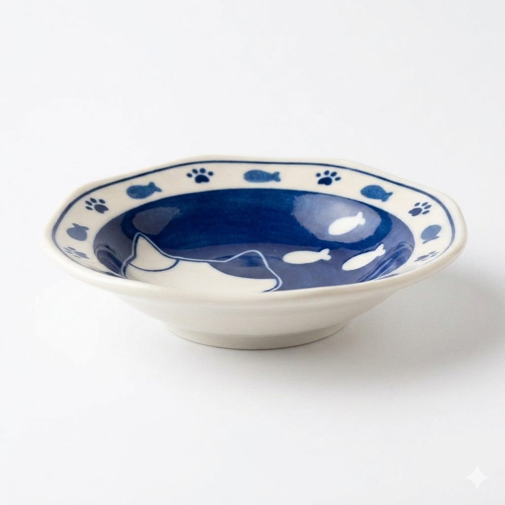FFN Blue-dyed Octagonal Flavoring Dish - Calico Cat