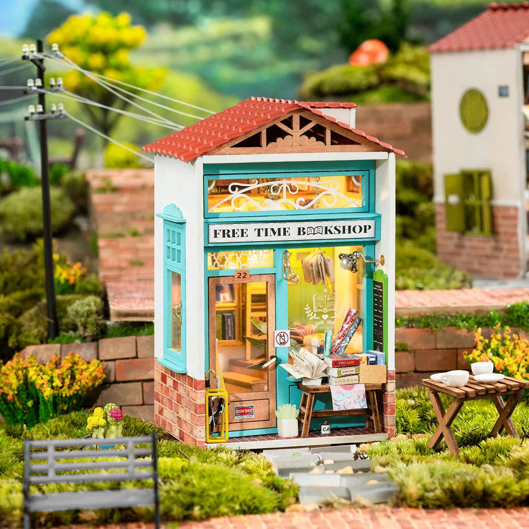 Robotime Rolife 3D DIY Wooden Puzzle Free Time Bookshop Miniature Dollhouse Kit DS008