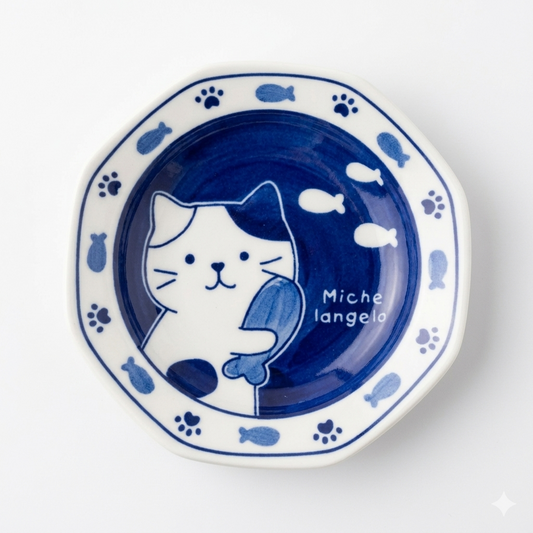 FFN Blue-dyed Octagonal Flavoring Dish - Calico Cat