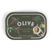 Load image into Gallery viewer, Paddywax Bistro Olive Printed Tin Candle - Fig &amp; Olive 4.5oz/127g
