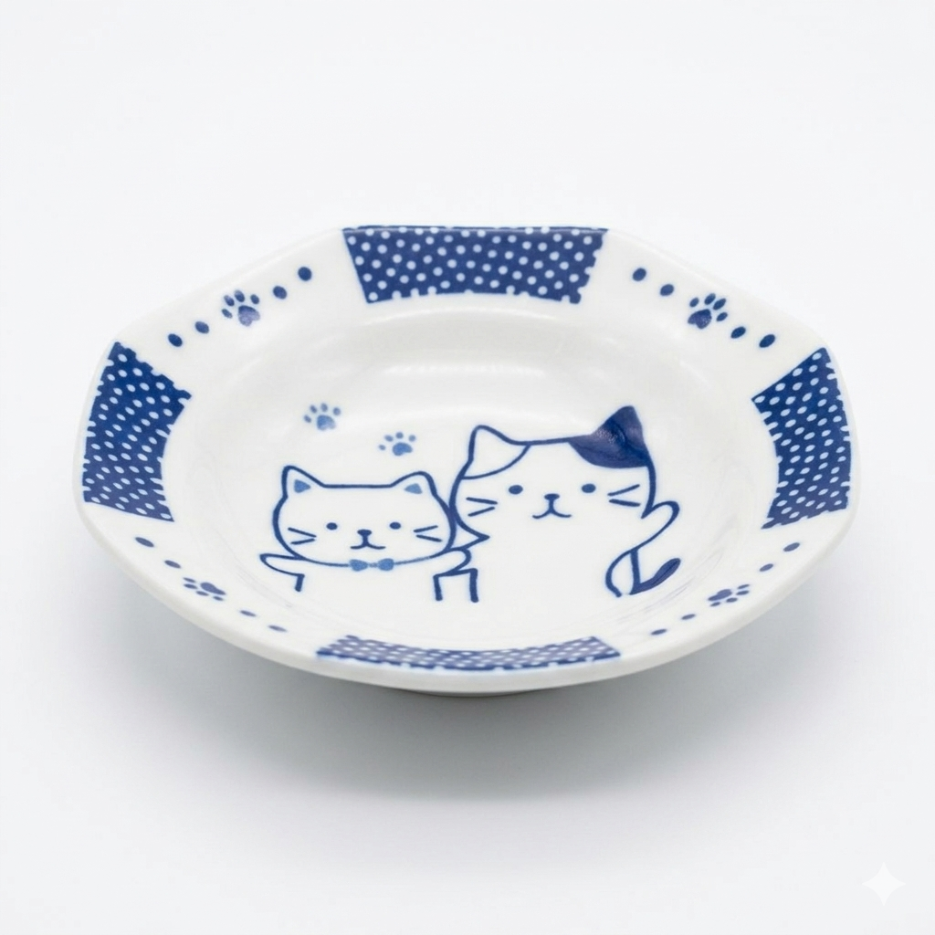 FFN Blue-dyed Octagonal Flavoring Dish - Couple Cat