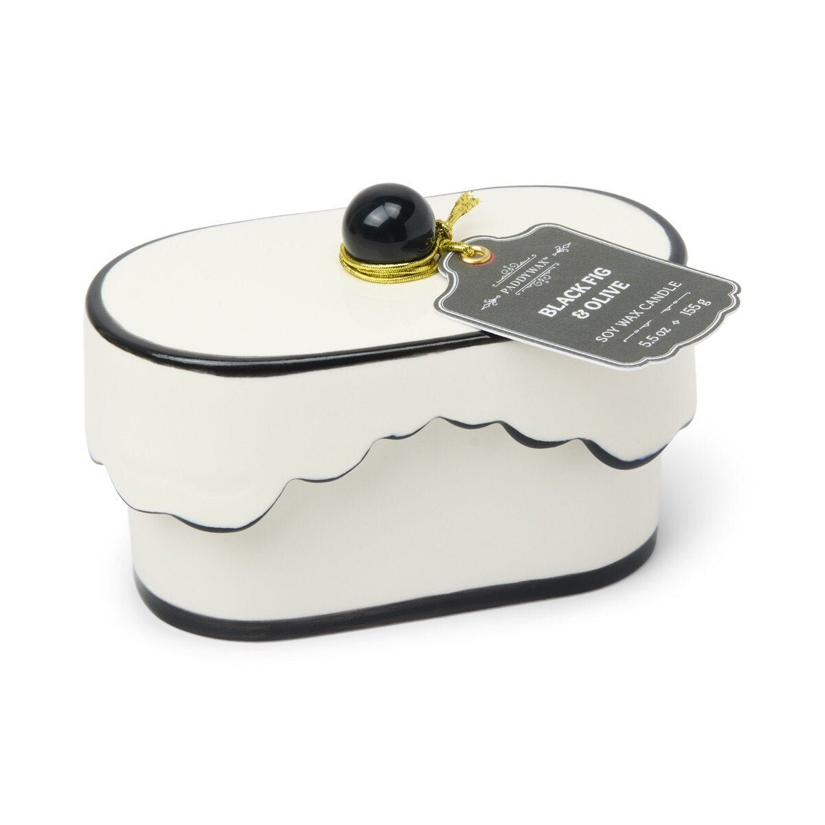 Designworks Cherie 5.5oz Porcelain Ceramic Dish W/ Black Accents & Lid; Hangtag & Warning Label - Black Fig & Olive