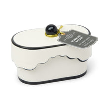 Load image into Gallery viewer, Designworks Cherie 5.5oz Porcelain Ceramic Dish W/ Black Accents &amp; Lid; Hangtag &amp; Warning Label - Black Fig &amp; Olive
