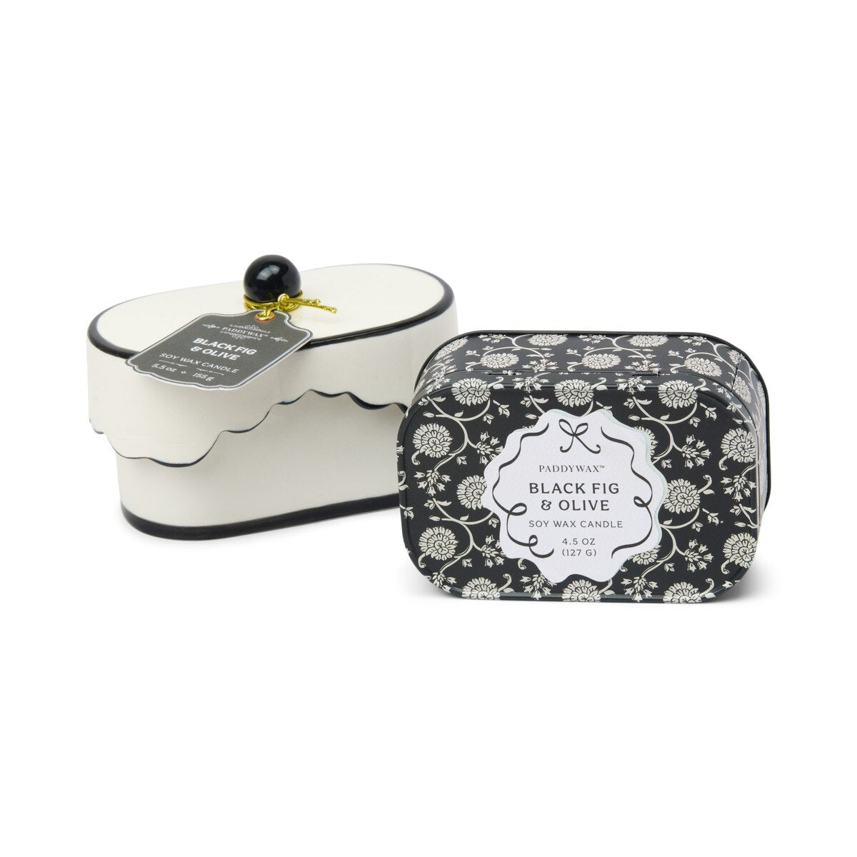 Designworks Cherie 5.5oz Porcelain Ceramic Dish W/ Black Accents & Lid; Hangtag & Warning Label - Black Fig & Olive