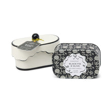 Load image into Gallery viewer, Designworks Cherie 5.5oz Porcelain Ceramic Dish W/ Black Accents &amp; Lid; Hangtag &amp; Warning Label - Black Fig &amp; Olive
