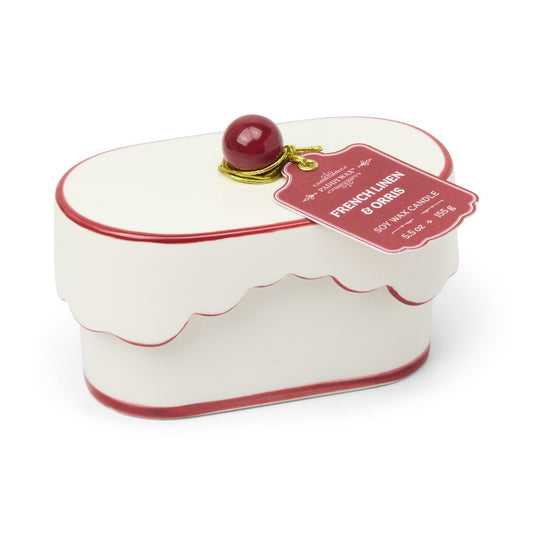 Designworks Cherie 5.5oz Porcelain Ceramic Dish W/ Red Accents & Lid; Hangtag & Warning Label - French Linen & Orris