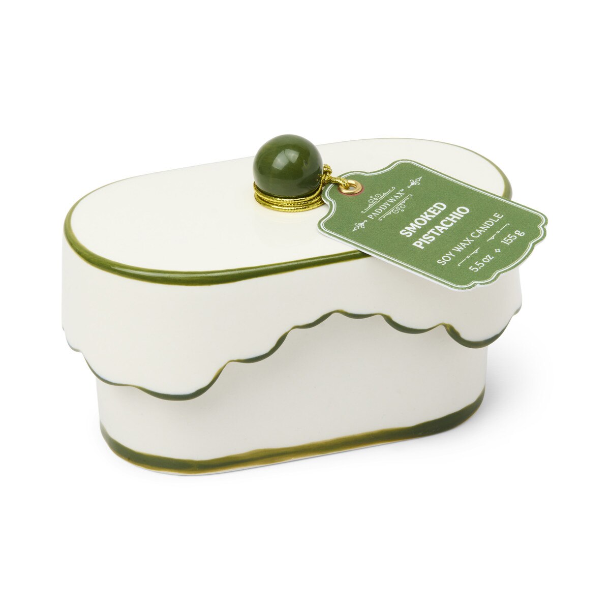 Designworks Cherie 5.5 Porcelain Ceramic Dish W/ Green Accents & Lid; Hangtag & Warning Label - Smoked Pistachio