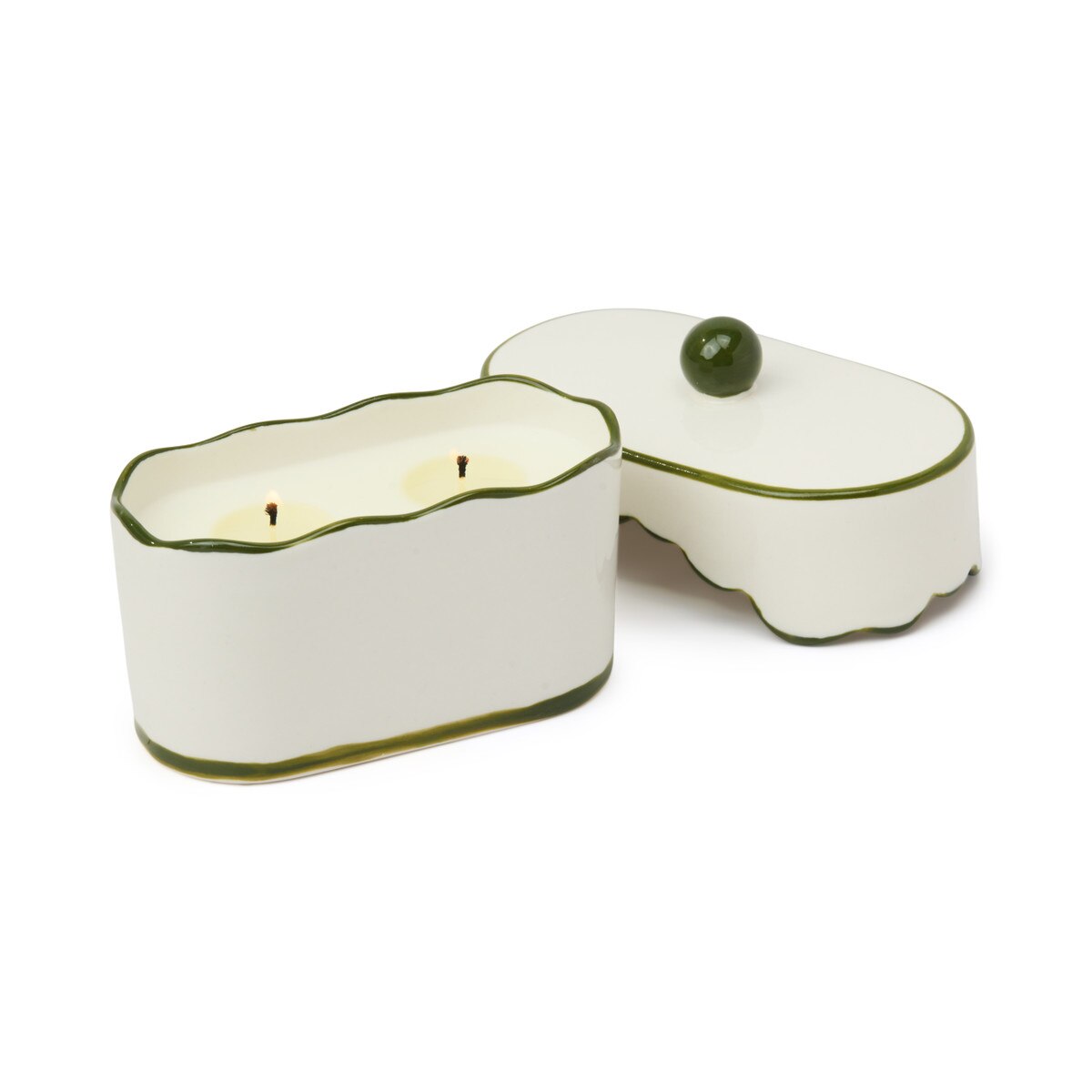 Designworks Cherie 5.5 Porcelain Ceramic Dish W/ Green Accents & Lid; Hangtag & Warning Label - Smoked Pistachio