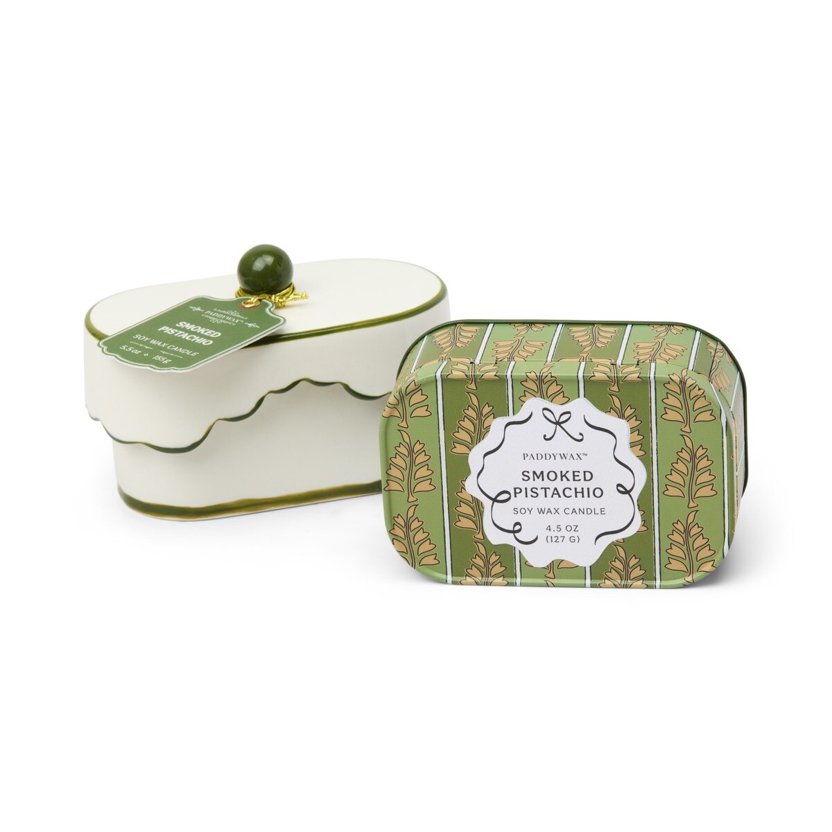 Designworks Cherie 5.5 Porcelain Ceramic Dish W/ Green Accents & Lid; Hangtag & Warning Label - Smoked Pistachio