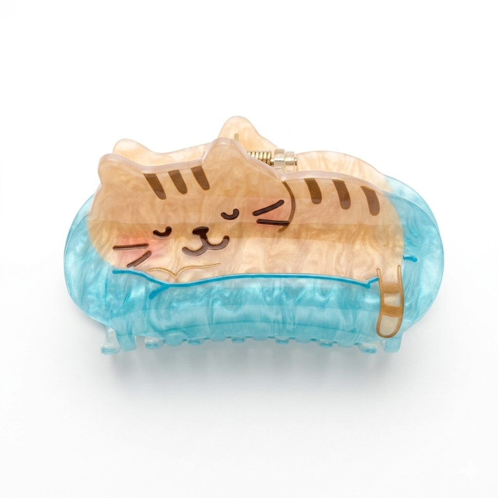 FFN Sleeping Cat Acrylic Hair Clip  Snapper Blue