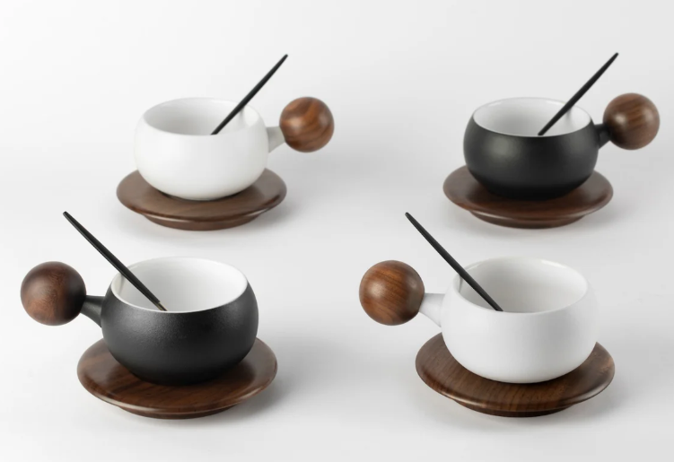 O2H Tea Artisan Wooden Tea Cup Duo - Black Set