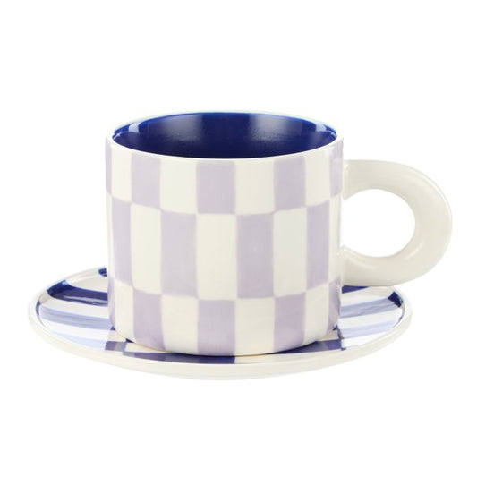 Emporium Check Mug & Plate Set Lilac & Navy
