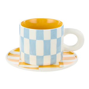 Emporium Check Mug & Plate Set Blue & Orange