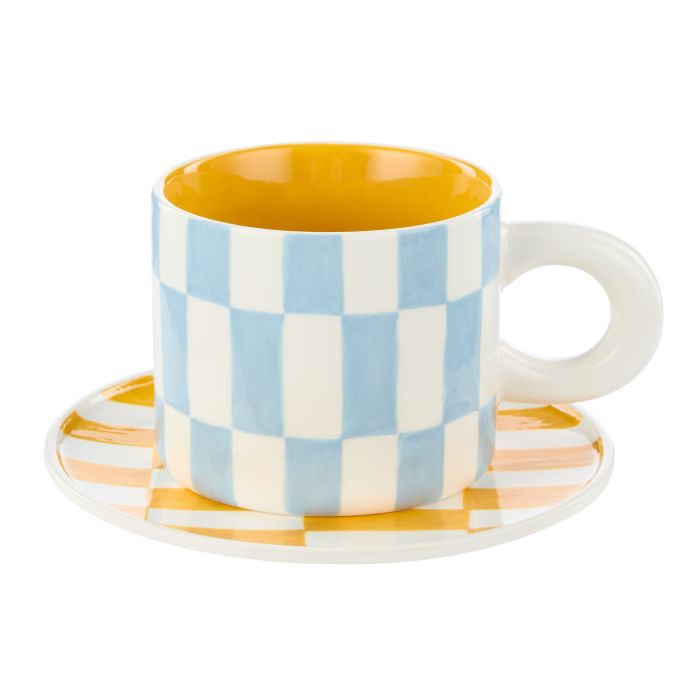 Emporium Check Mug & Plate Set Blue & Orange