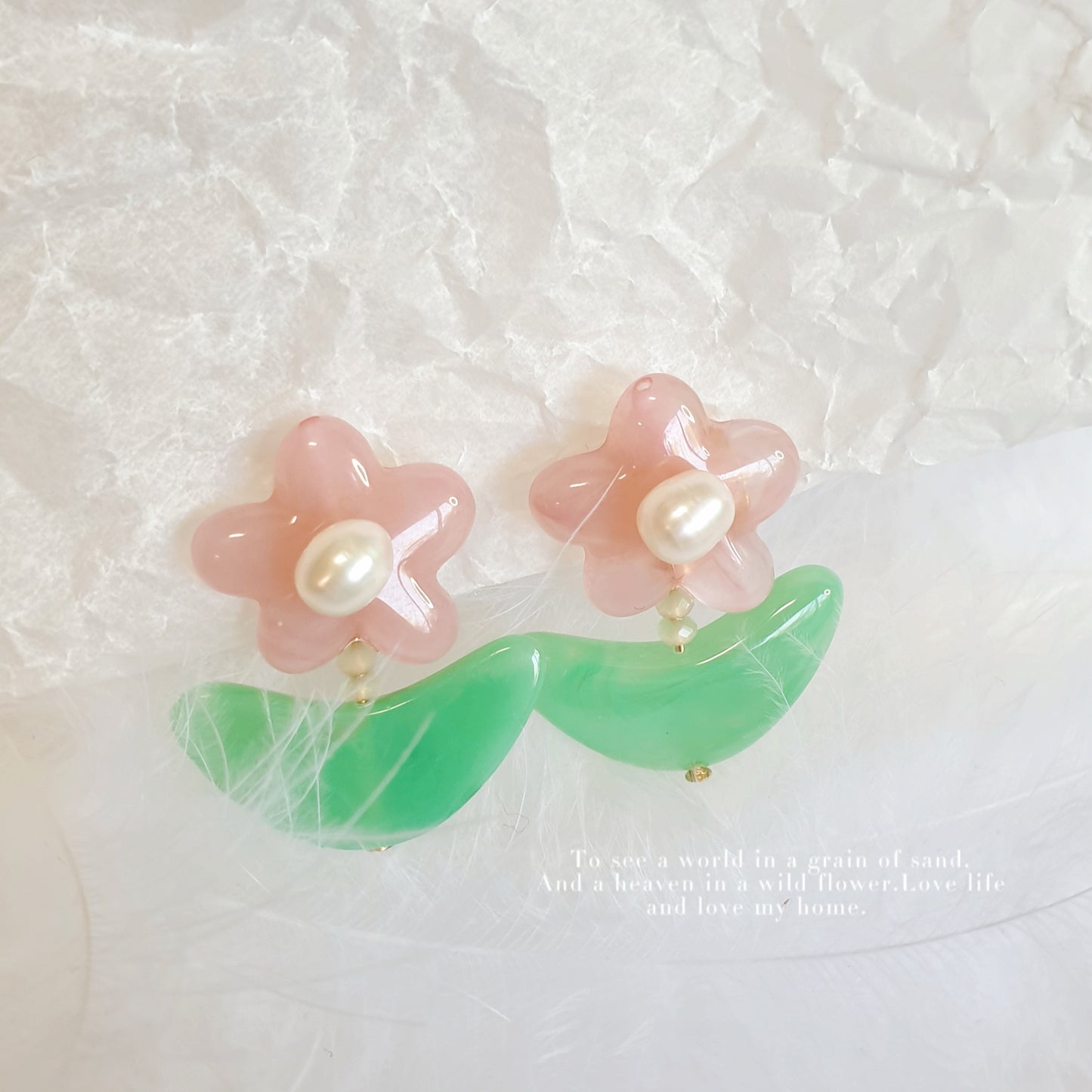 Luninana Clip-on Earrings -  Pink Jade Flower with Pearl Earrings LL024