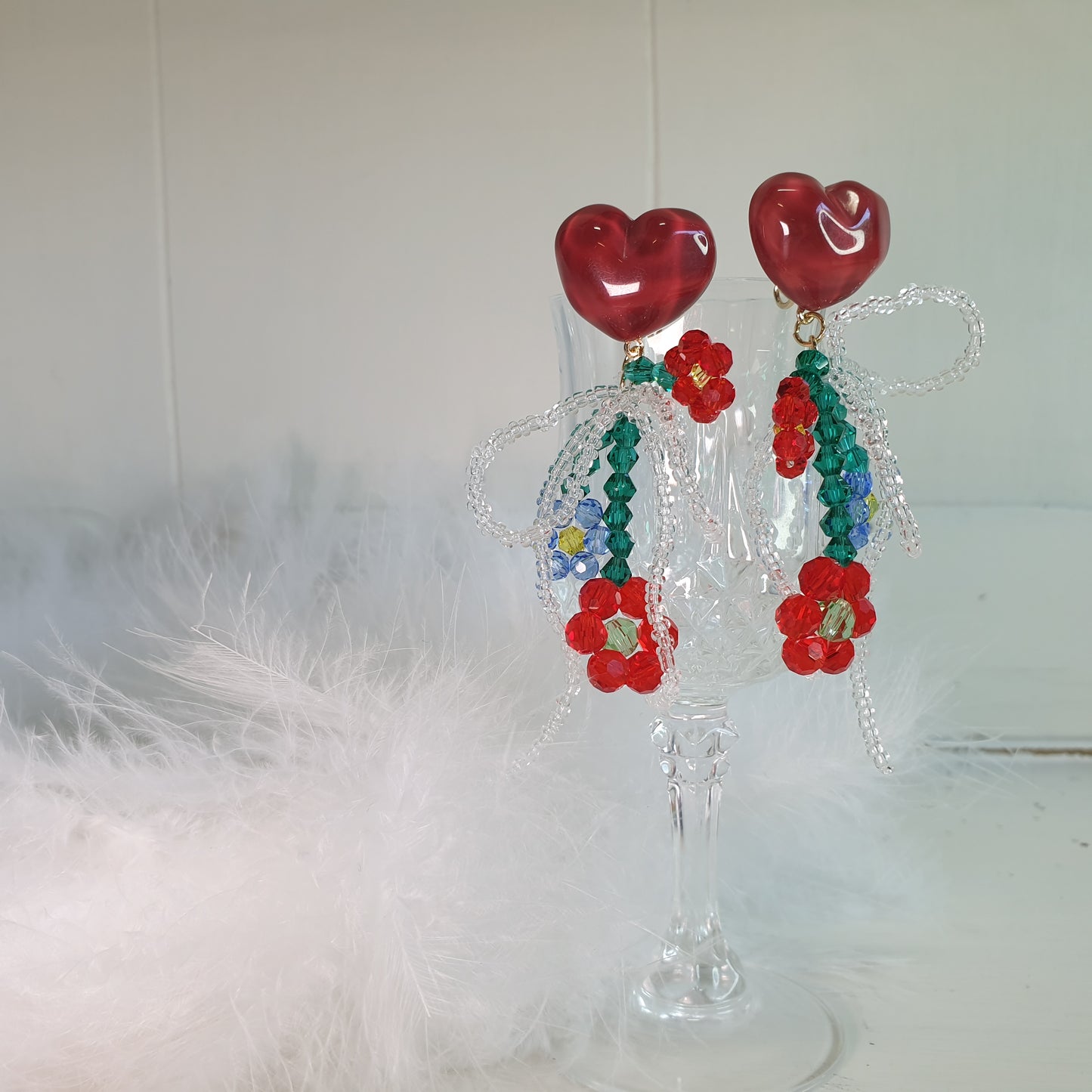 Luninana Clip-on Earrings - Wine Heart with Tassel Floral Earrings LL028