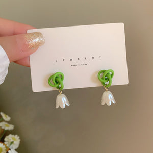 Luninana Earrings - White Bluebell With Green Knot Earrings YBY078