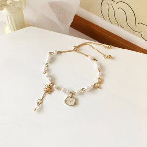 Luninana Bracelet - White Pearl Cat with Ribbon Bracelet YBY019