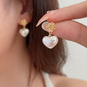 Luninana Earrings - Pearl Heart with Golden Flower Earrings YBY056