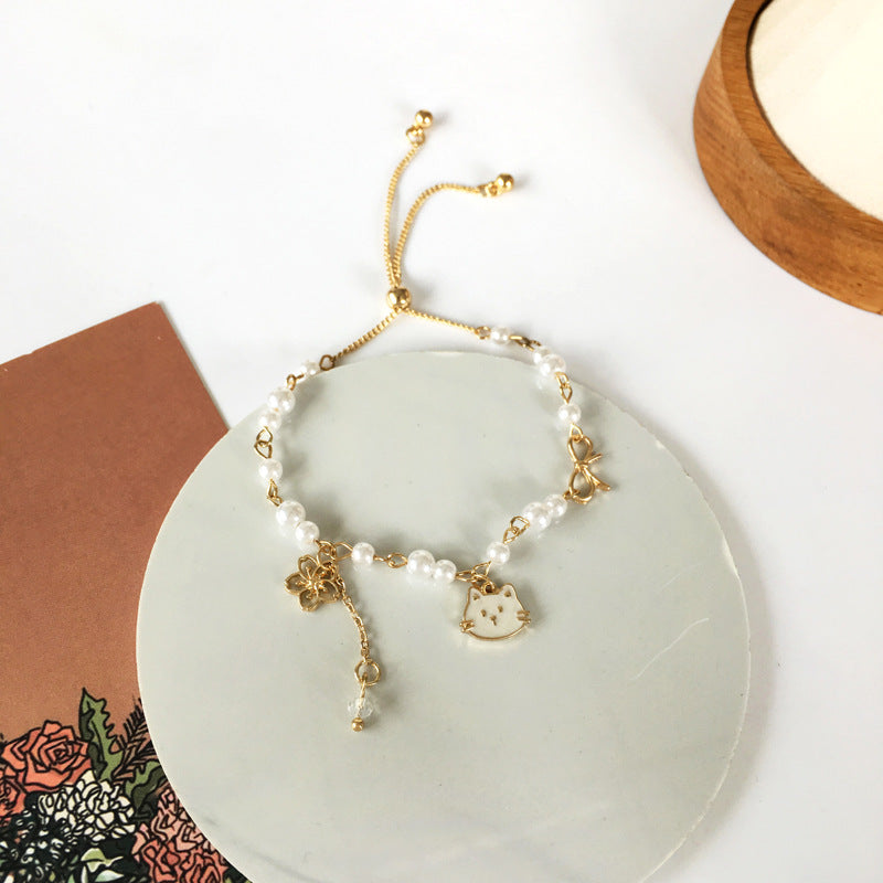Luninana Bracelet - White Pearl Cat with Ribbon Bracelet YBY019