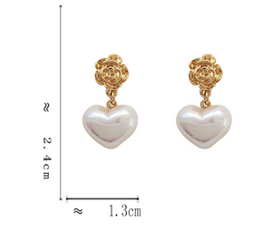 Luninana Earrings - Pearl Heart with Golden Flower Earrings YBY056
