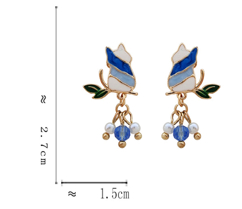 Luninana Earrings - Blue Cat with Tassel Pearls Earrings YBY085
