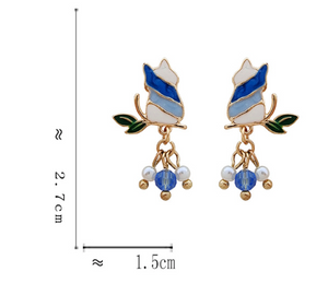 Luninana Earrings - Blue Cat with Tassel Pearls Earrings YBY085
