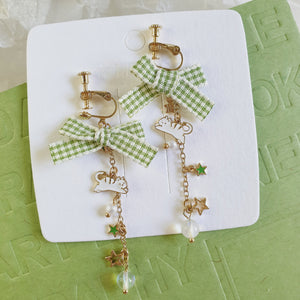 Luninana Clip-on Earrings - Green Ribbon Kitty Earrings YBY060