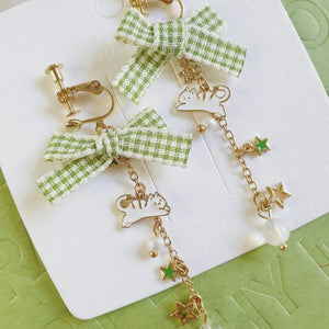 Luninana Clip-on Earrings - Green Ribbon Kitty Earrings YBY060