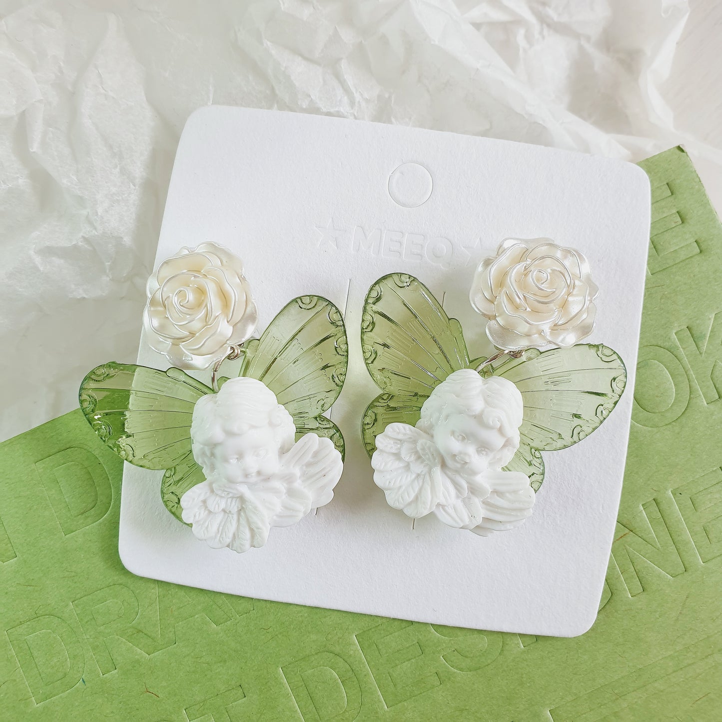 Luninana Clip-on Earrings -  Angel Butterfly with White Rose Earrings LL007