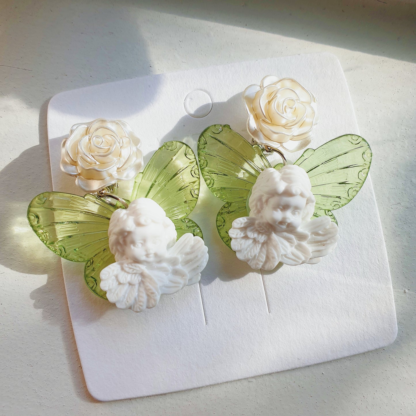 Luninana Clip-on Earrings -  Angel Butterfly with White Rose Earrings LL007