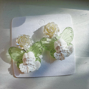 Luninana Clip-on Earrings -  Angel Butterfly with White Rose Earrings LL007