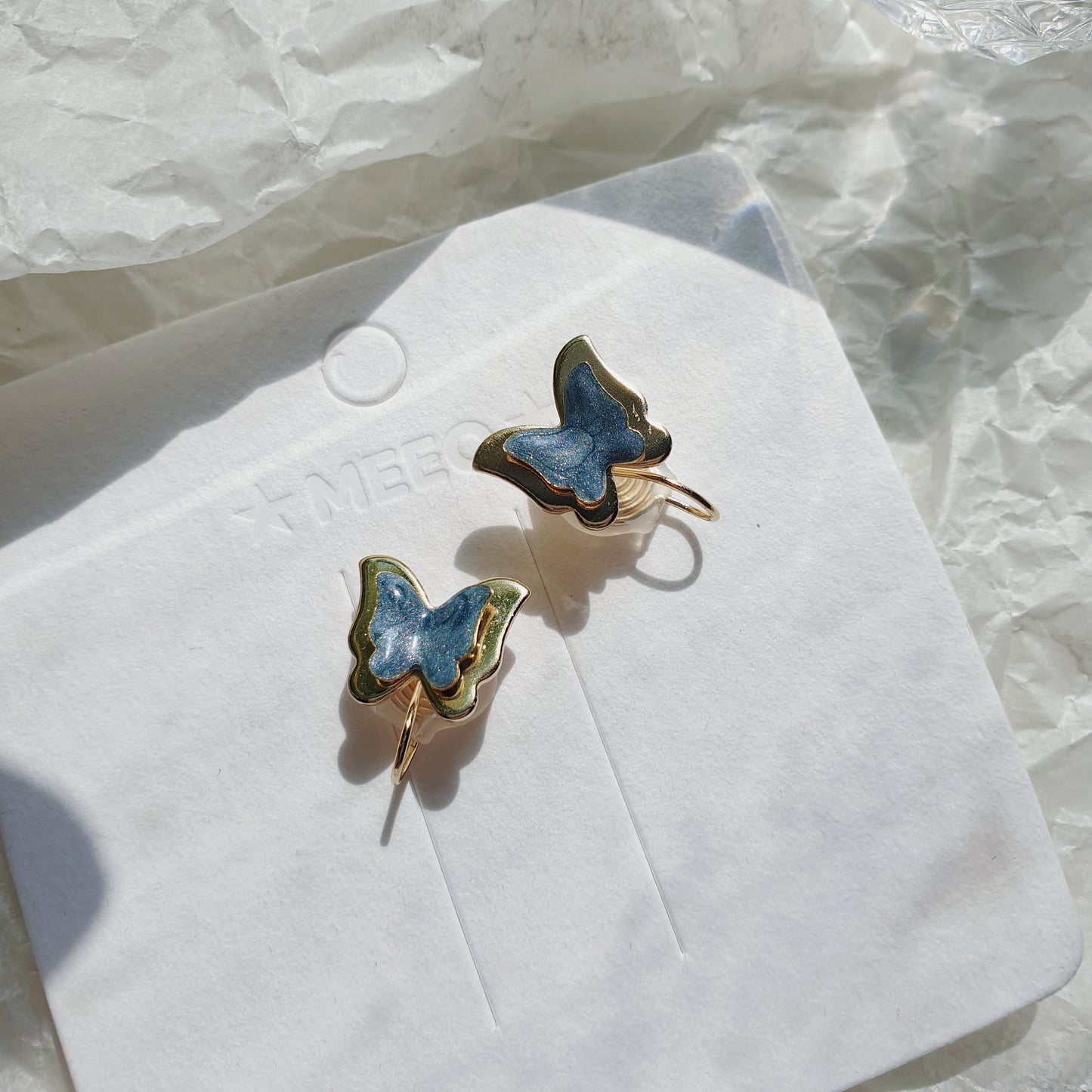 Luninana Clip-on Earrings -  Blue Marble Double Layer Butterly Earrings LL013