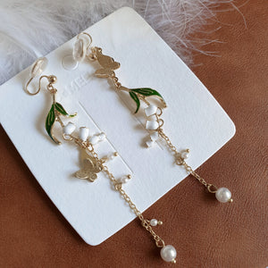 Luninana Clip-on Earrings -  Snowdrop Flower with Golden Butterfly Earrings LL020