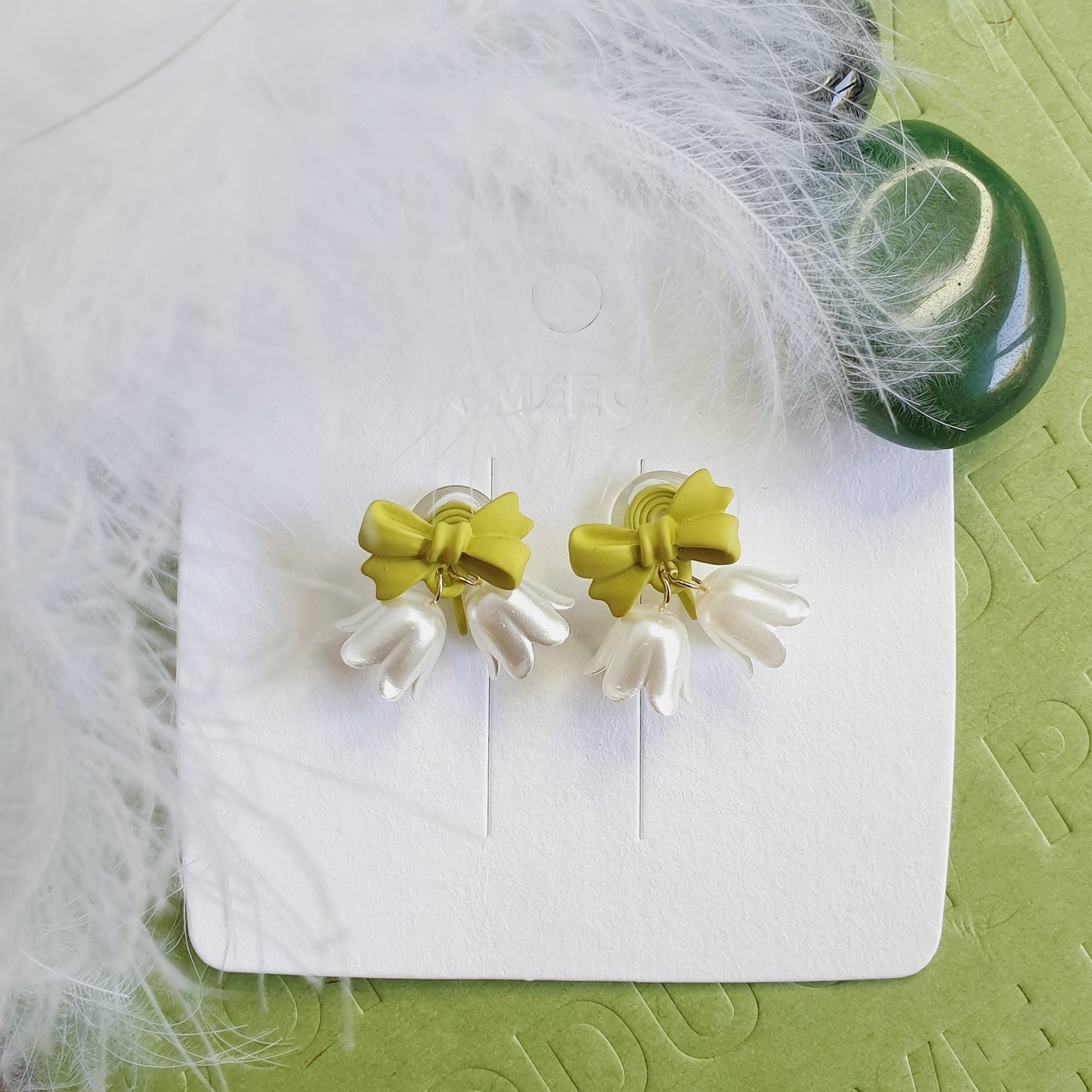 Luninana Clip-on Earrings -  White Bluebell with Green Ribbon Earrings LL022