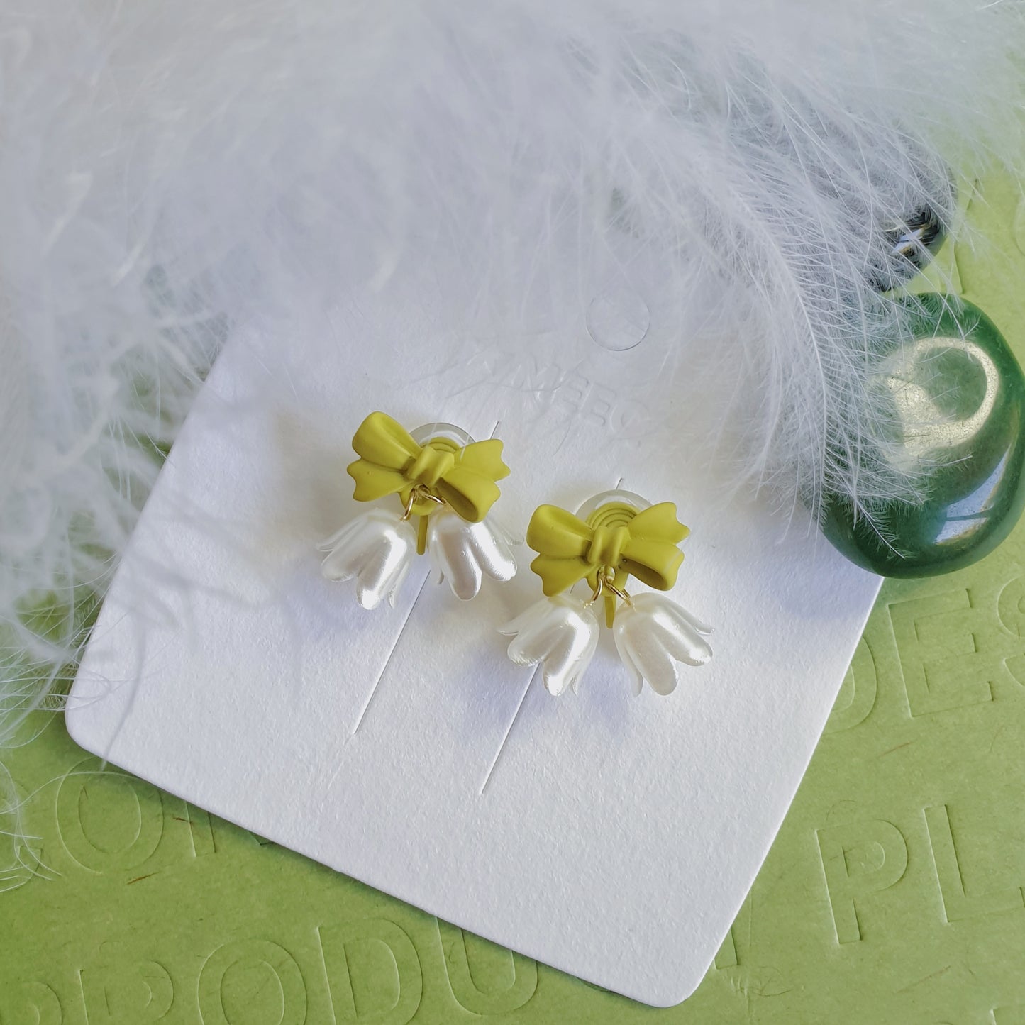 Luninana Clip-on Earrings -  White Bluebell with Green Ribbon Earrings LL022