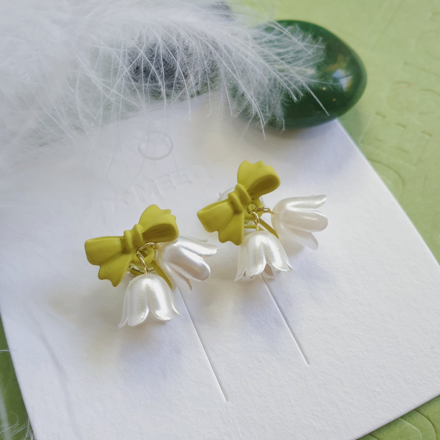 Luninana Clip-on Earrings -  White Bluebell with Green Ribbon Earrings LL022