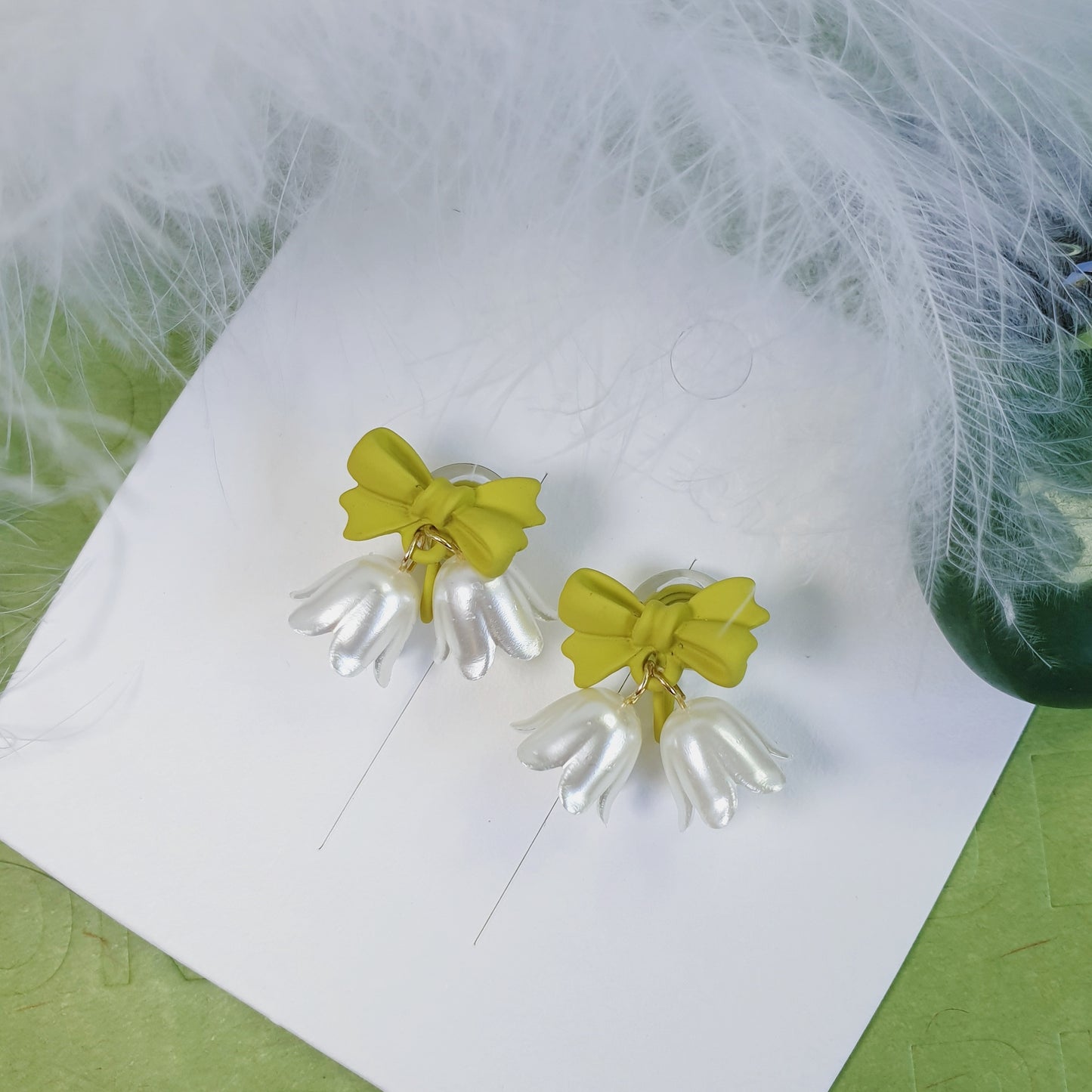 Luninana Clip-on Earrings -  White Bluebell with Green Ribbon Earrings LL022