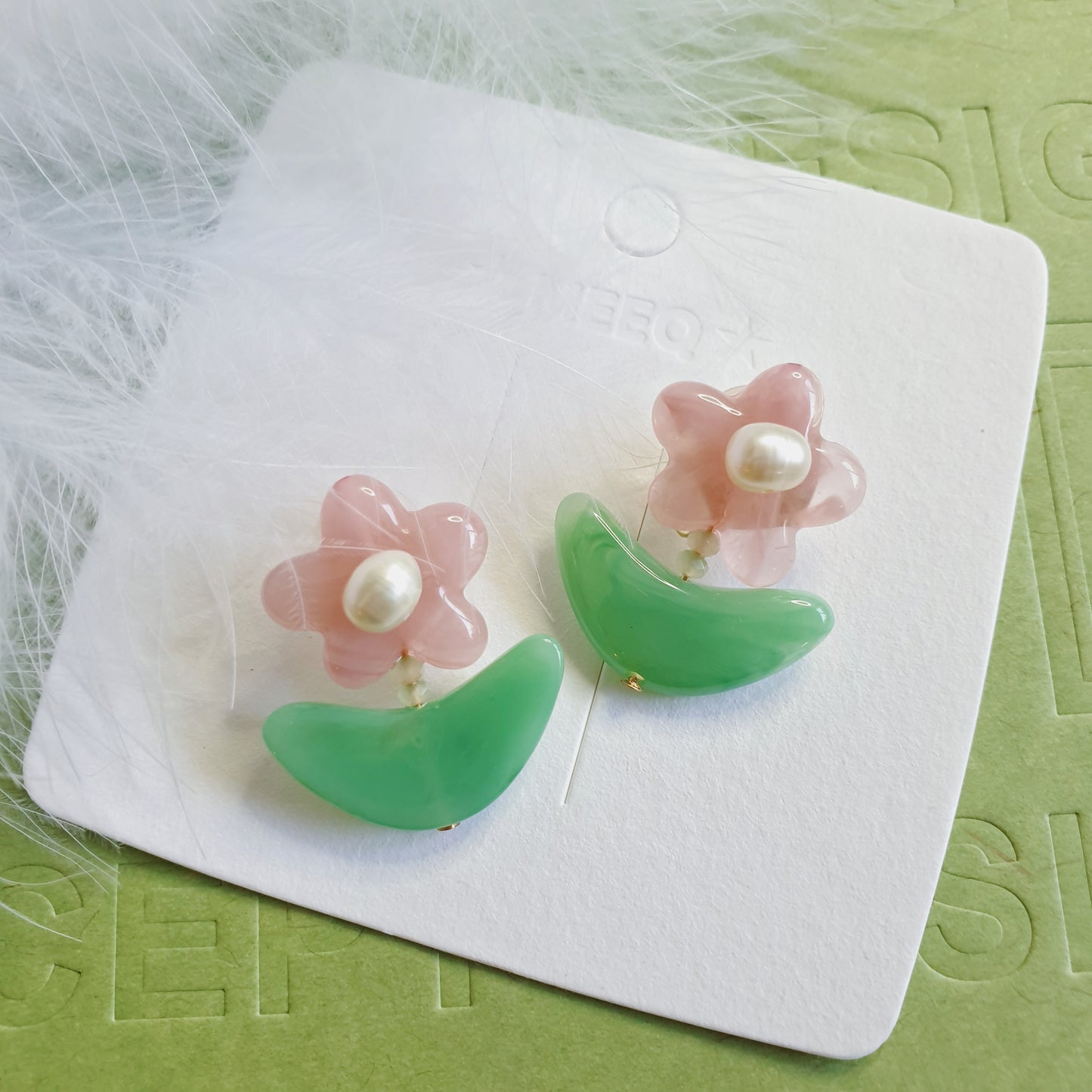 Luninana Clip-on Earrings -  Pink Jade Flower with Pearl Earrings LL024
