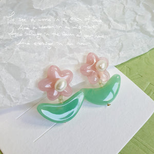 Luninana Clip-on Earrings -  Pink Jade Flower with Pearl Earrings LL024