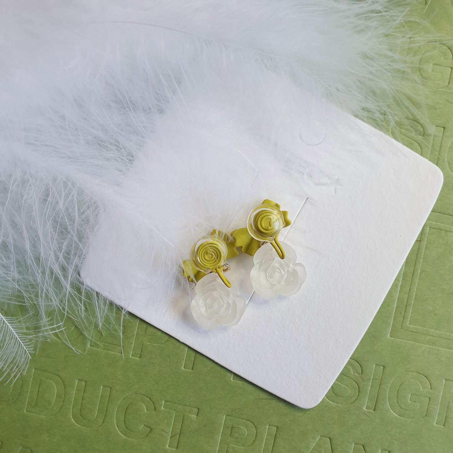Luninana Clip-on Earrings -  White Rose with Green Ribbon Earrings LL025