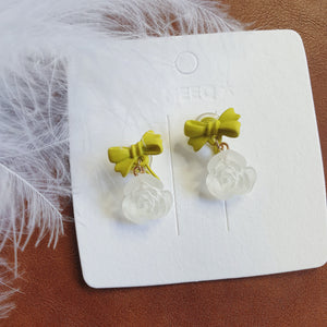 Luninana Clip-on Earrings -  White Rose with Green Ribbon Earrings LL025